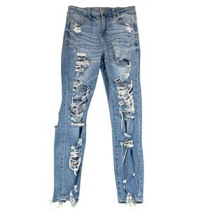 American Eagle Women's Jeans 4 Curvy Hi-Rise Jegging Crop Distressed Blue Denim